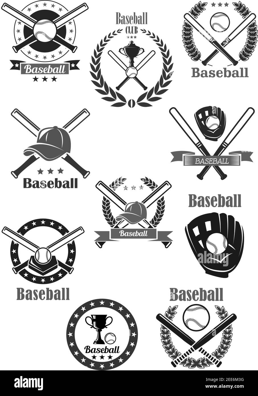 Badges de club de sport de baseball. Icônes vectorielles de gants de baseball, de chauve-souris et de casquette de joueur de balle pour les symboles de la victoire du championnat. Gobelet du gagnant et Illustration de Vecteur