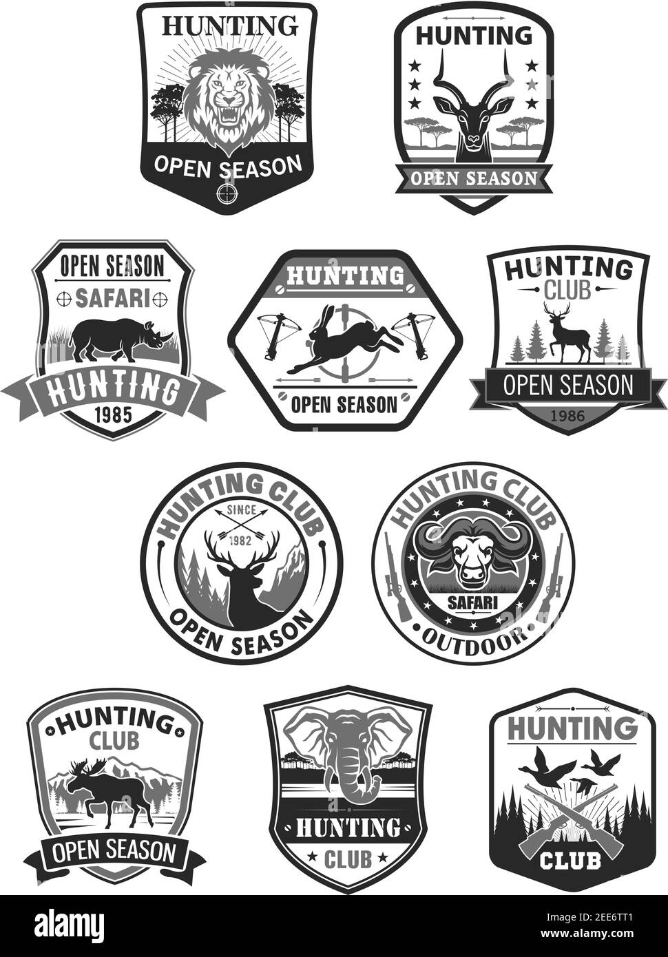 Badges du club de chasse. Chasse en saison ouverte ou chasseur icônes d'aventure animaux sauvages lièvre lapin, cerf ou wapiti et canards. Safari africain chasse lion, gazelle et Illustration de Vecteur