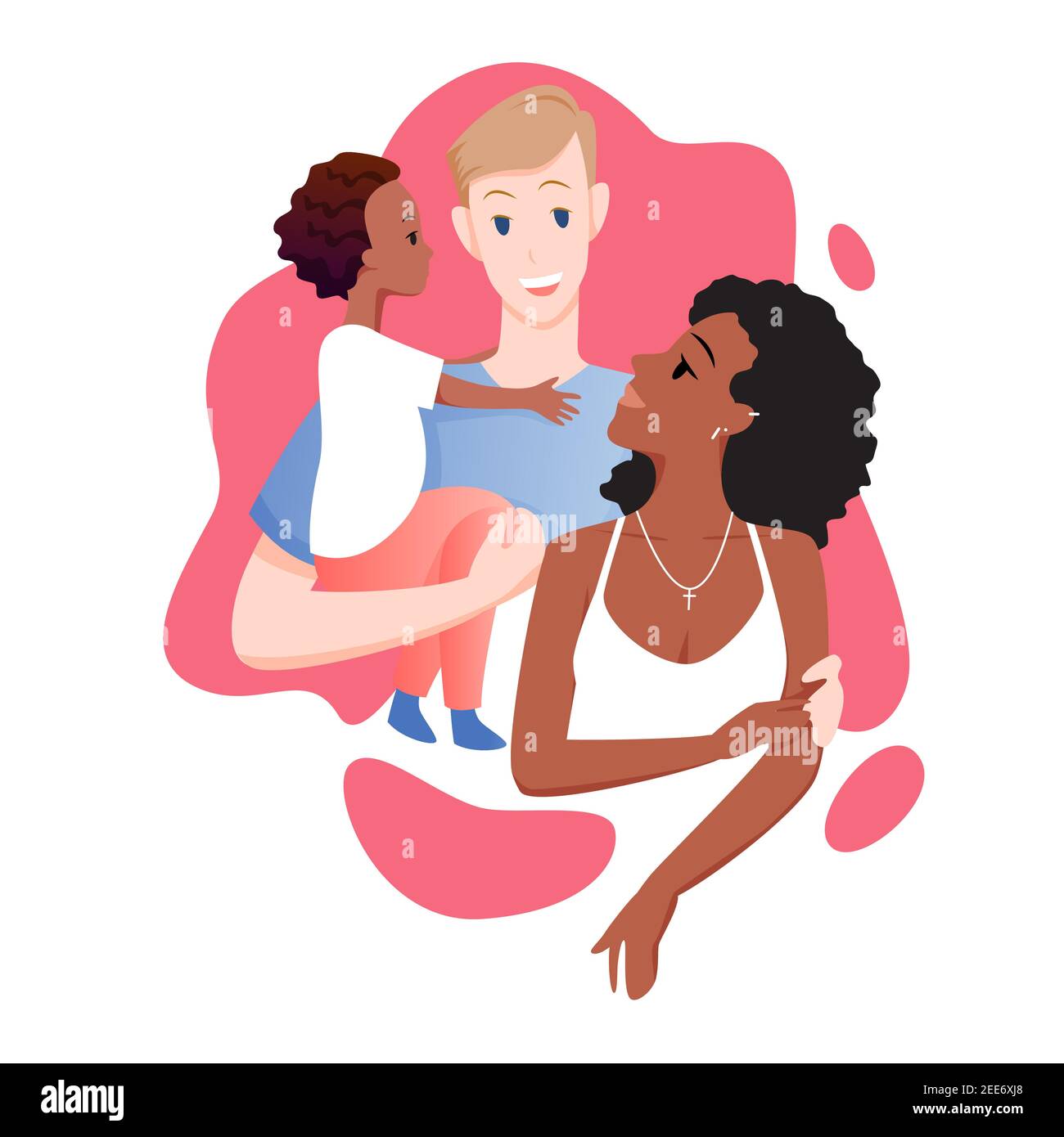 Des membres de la famille internationale heureux avec un enfant debout ensemble et envieux avec le sourire Illustration de Vecteur