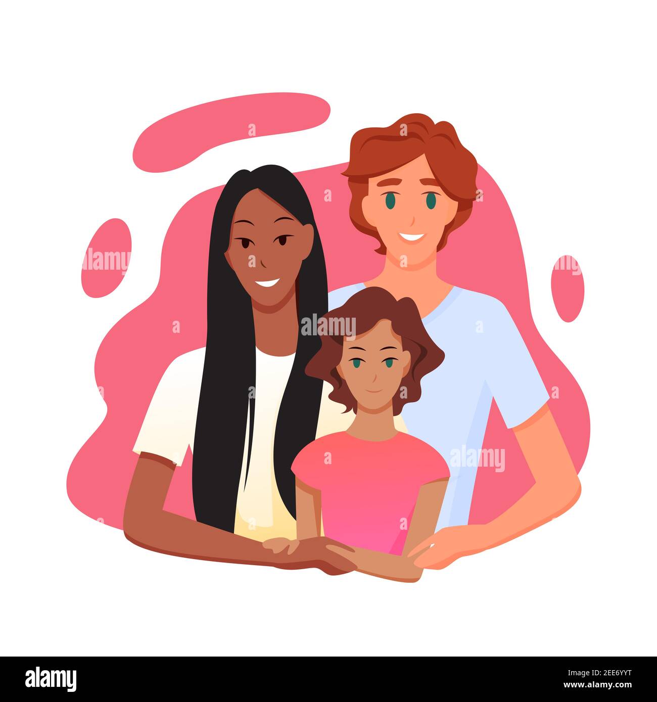 Famille avec des parents de race multiple embrassant l'enfant fille, relation multiraciale Illustration de Vecteur