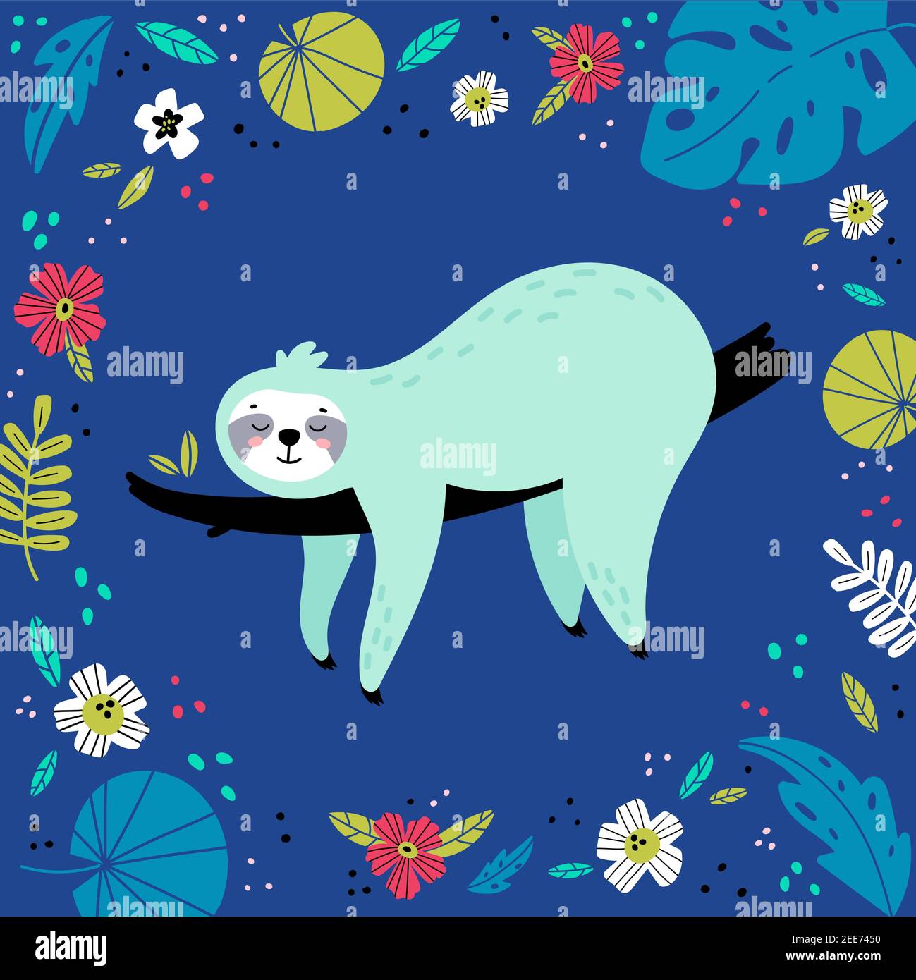 Sloth dans diverses feuilles et fleurs tropicales. Illustration de Vecteur