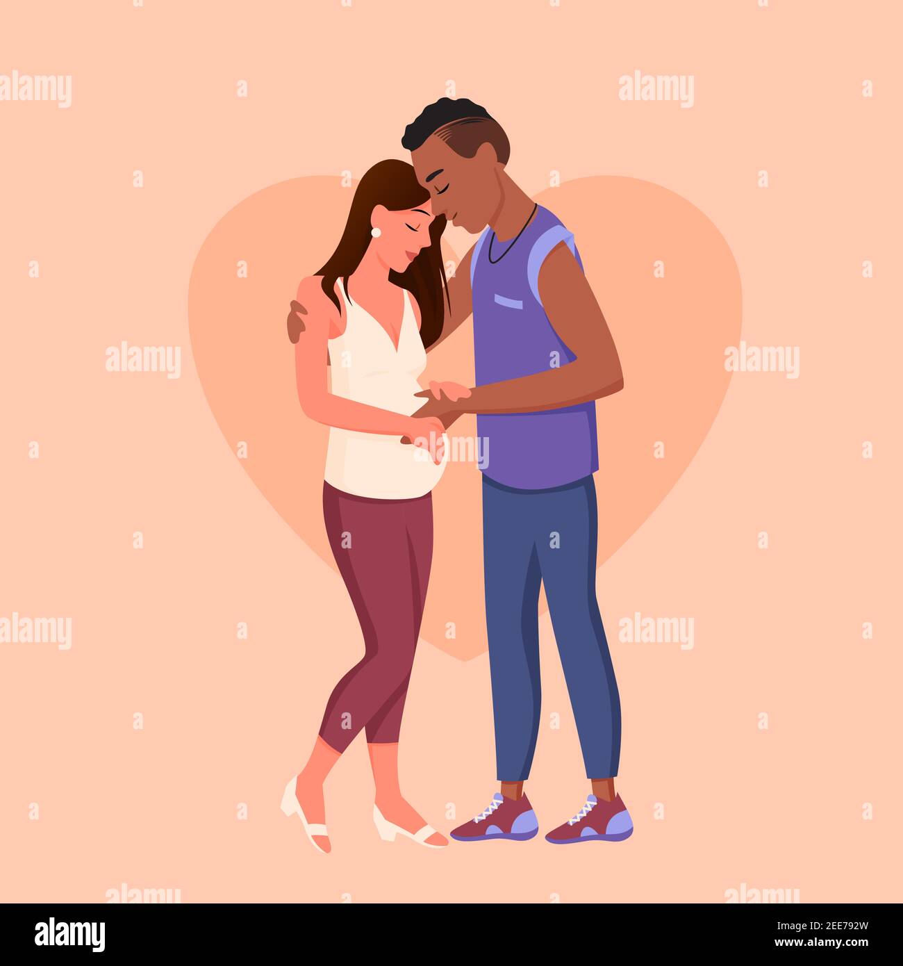 Mère et père enceintes heureux multiracial, s'attendant à mari épouse hug et fier Illustration de Vecteur