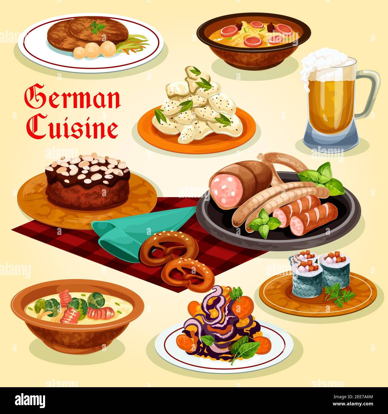 Icône de la cuisine allemande avec des plats nationaux. Saucisse, bière et bretzel, salade de pommes de terre, soupe de saucisses, rouleau de poisson, soupe de nouilles avec pousses de brussel, Illustration de Vecteur