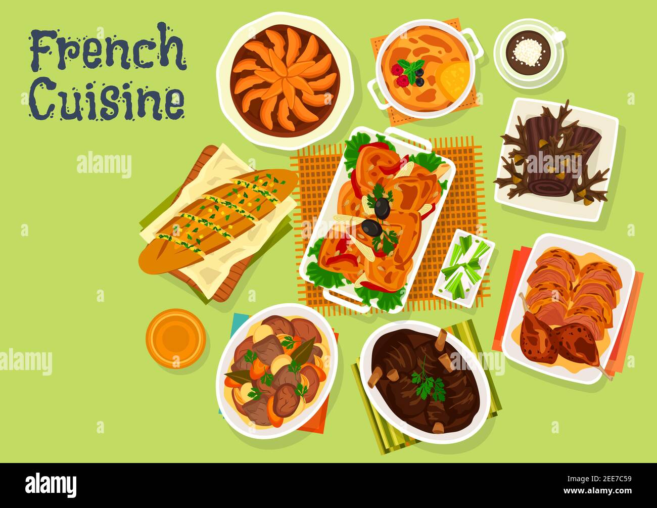Cuisine française menu festif du dîner icône de baguette cuite à l'huile d'ail, poulet à la tomate, ragoût de légumes à la viande, agneau cuit au four, gâteau au chocolat log, d Illustration de Vecteur