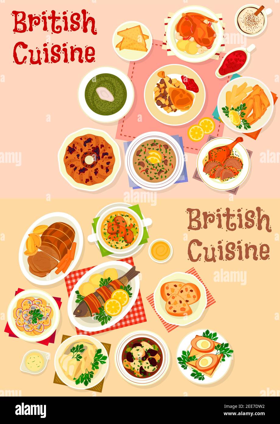Cuisine britannique ensemble de viandes et poissons cuits au four avec bacon, fruits et sauce à la menthe, œuf de scotch dans la viande de saucisse, poisson et croustilles, salade de pommes de terre, soupe Illustration de Vecteur