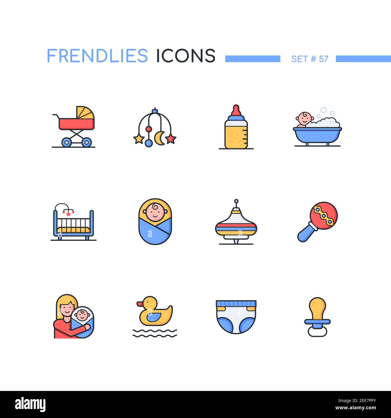 Enfants - jeu d'icônes de style moderne. Bonne enfance, famille, soins aux nouveau-nés. Images colorées d'un chariot, d'un jouet, d'une couche, d'une bouteille, d'un mannequin, d'un hochets Illustration de Vecteur