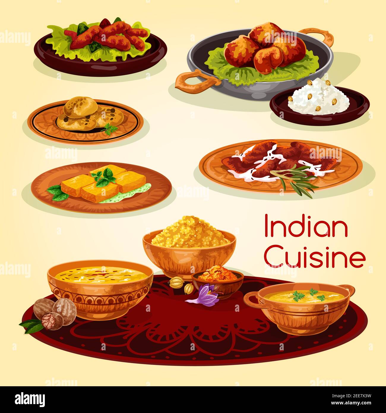 Cuisine indienne le dîner propose un menu de dessins animés. Curry de poulet et de poisson avec riz, pain plat, soupe de safran aux crevettes, pilau de porc, fromage frit dans une pâte épicée Illustration de Vecteur