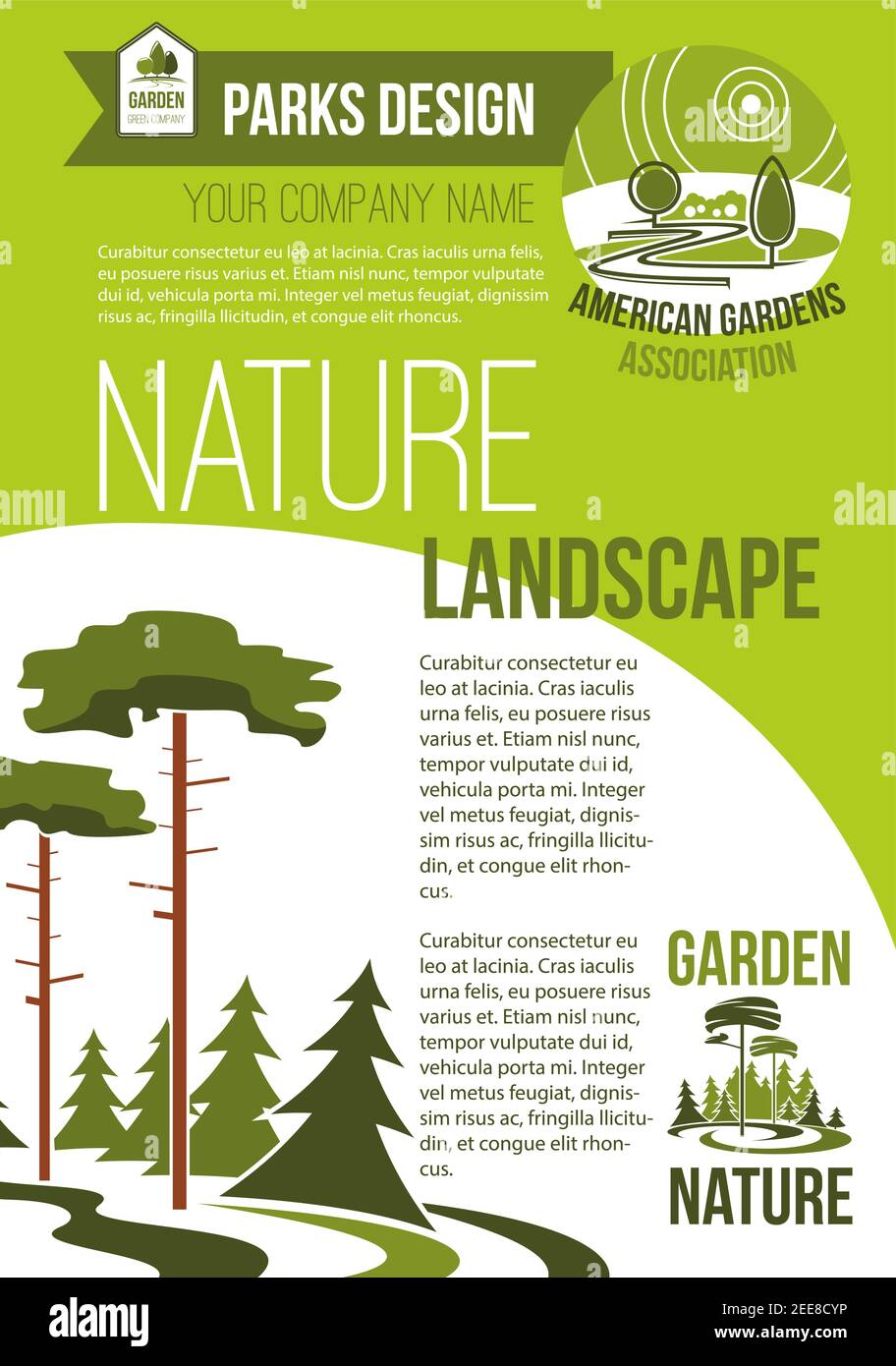 Parcs verts et nature paysage entreprise de conception de vecteur affiche avec conception de village écologique ou bois et arbres de parc dans la forêt. Horticulture urbaine Illustration de Vecteur