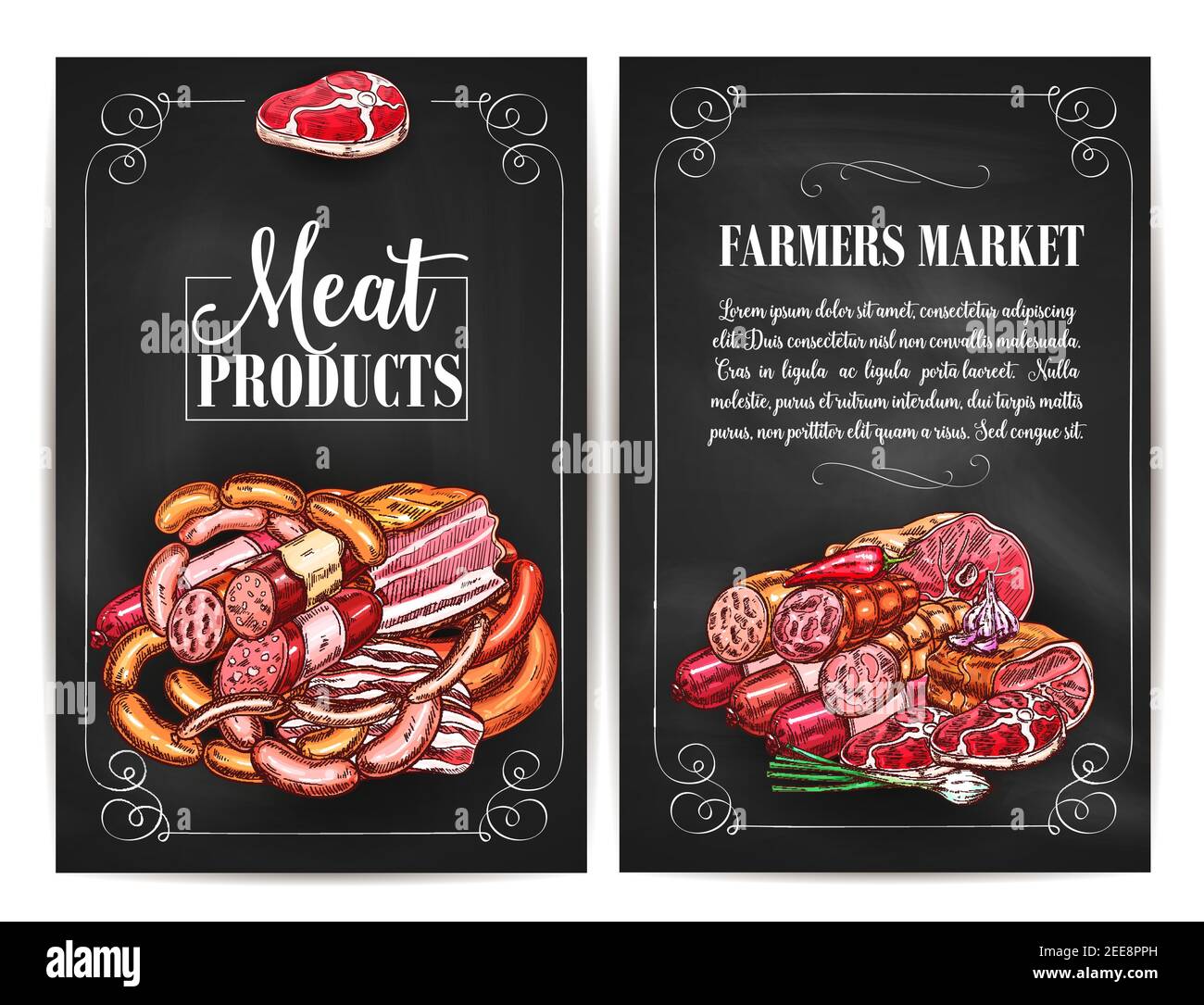 Les produits de viande du marché des agriculteurs. Boucherie charcuterie au jambon ou au bacon, boucherie gastronomique de frankfurter ou saucisse saveloy Illustration de Vecteur