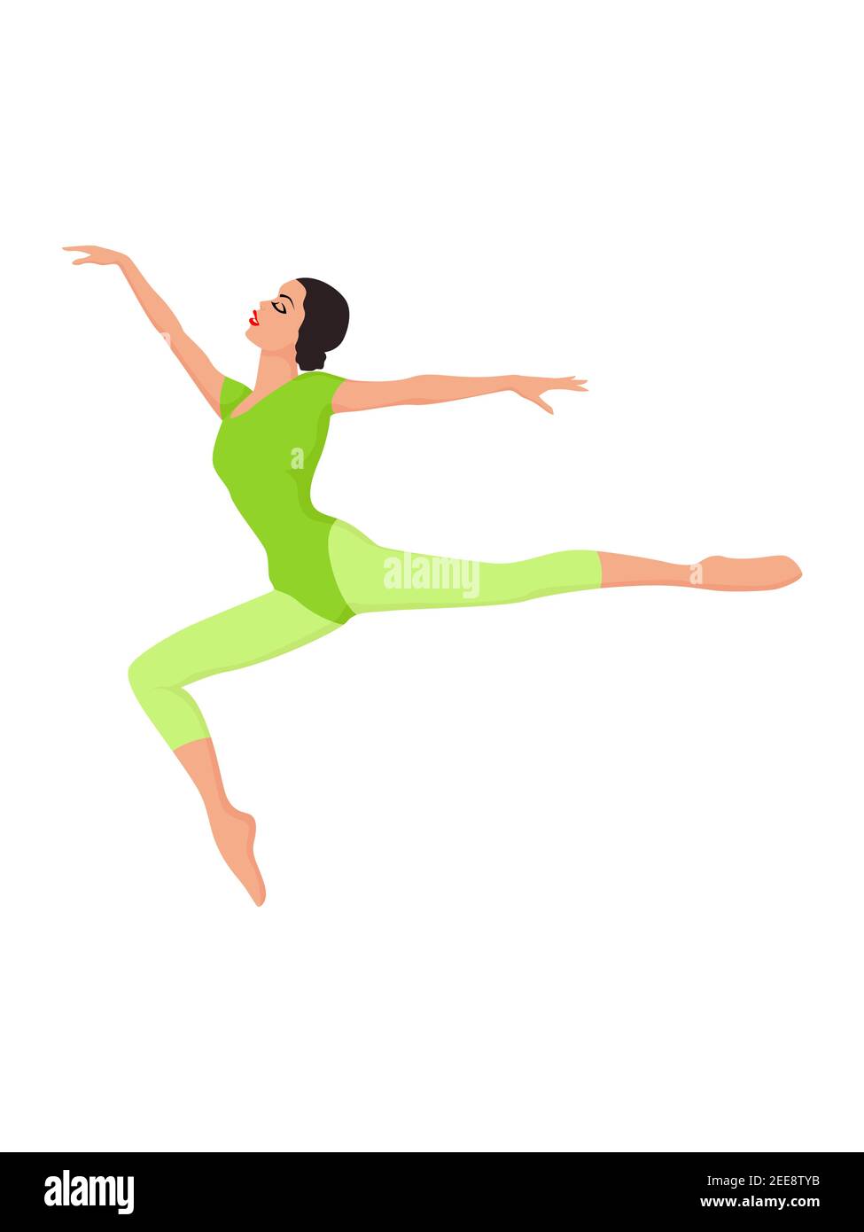 Belle femme danseuse en vert vif unitard en saut, main dessin vecteur, isolé sur le fond blanc Illustration de Vecteur