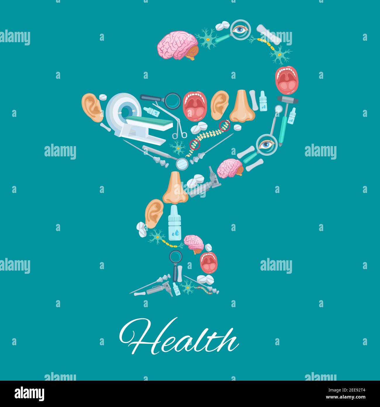 Affiche vecteur médical de la santé Hygieia Bowl symbole conception des médicaments de santé et des organes humains. Scalpel chirurgical, IRM et spray ou gouttes pour le nez Illustration de Vecteur