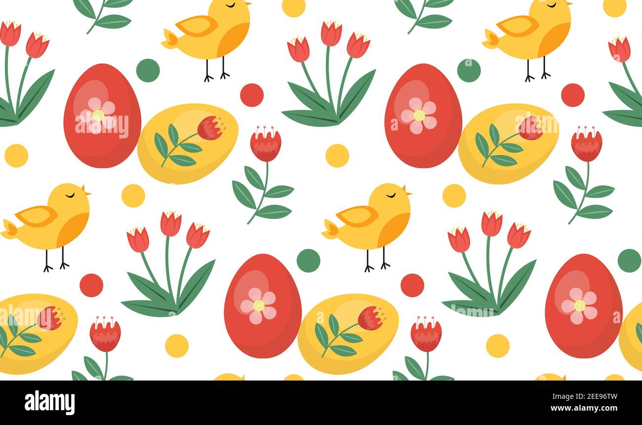 Motif de printemps vectoriel sans couture avec oiseaux et plantes. Motif Pâques. Lapins de dessins animés Illustration de Vecteur
