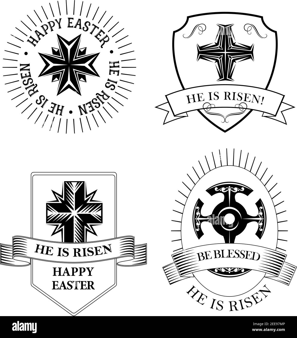 Badge héraldique du jour de Pâques heureux avec croix. Crucifix de Pâques avec ornement floral, encadré par un bouclier héraldique et un sunbeam avec bannière ruban. Vacances de Pâques Illustration de Vecteur
