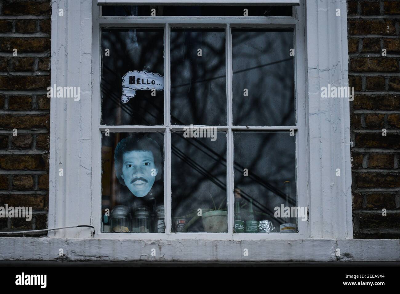 Dublin, Irlande. 15 février 2021. Une vue d'une image de la chanteuse anaméricaine Lionel Richie, et un autocollant « Hello » sur une fenêtre de maison à Ranelagh. Crédit : SOPA Images Limited/Alamy Live News Banque D'Images