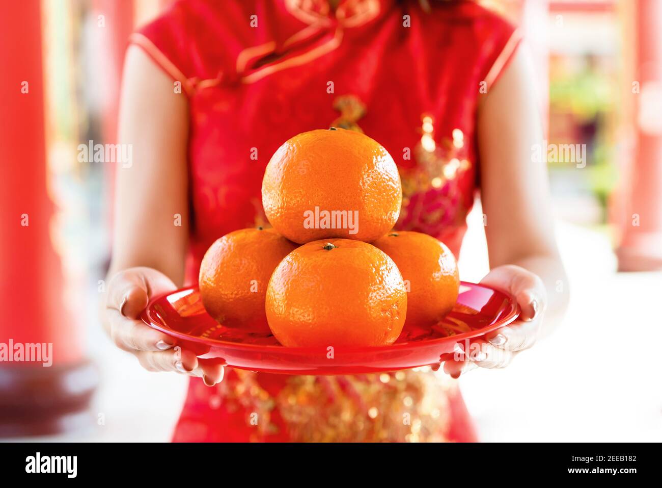 Femme dans la robe traditionnelle rouge qipao adorant dieu avec des oranges En tant qu'offre pendant la nouvelle saison chinoise Banque D'Images