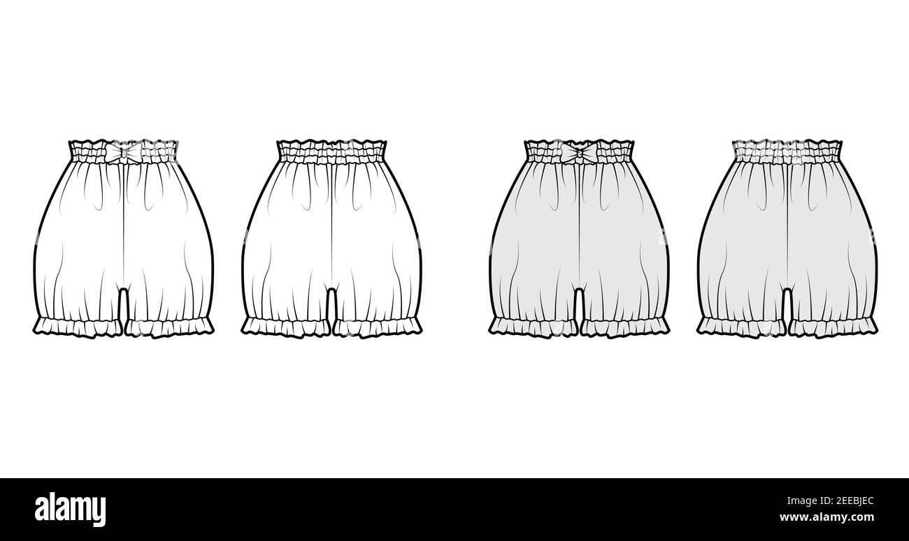 Short bloomers pantalon technique mode illustration avec noeud, mini longueur, taille normale, taille haute, froncé. Modèle de vêtement à fond plat à l'avant, à l'arrière, de couleur grise blanche. Maquette de CAO unisexe pour femmes Illustration de Vecteur
