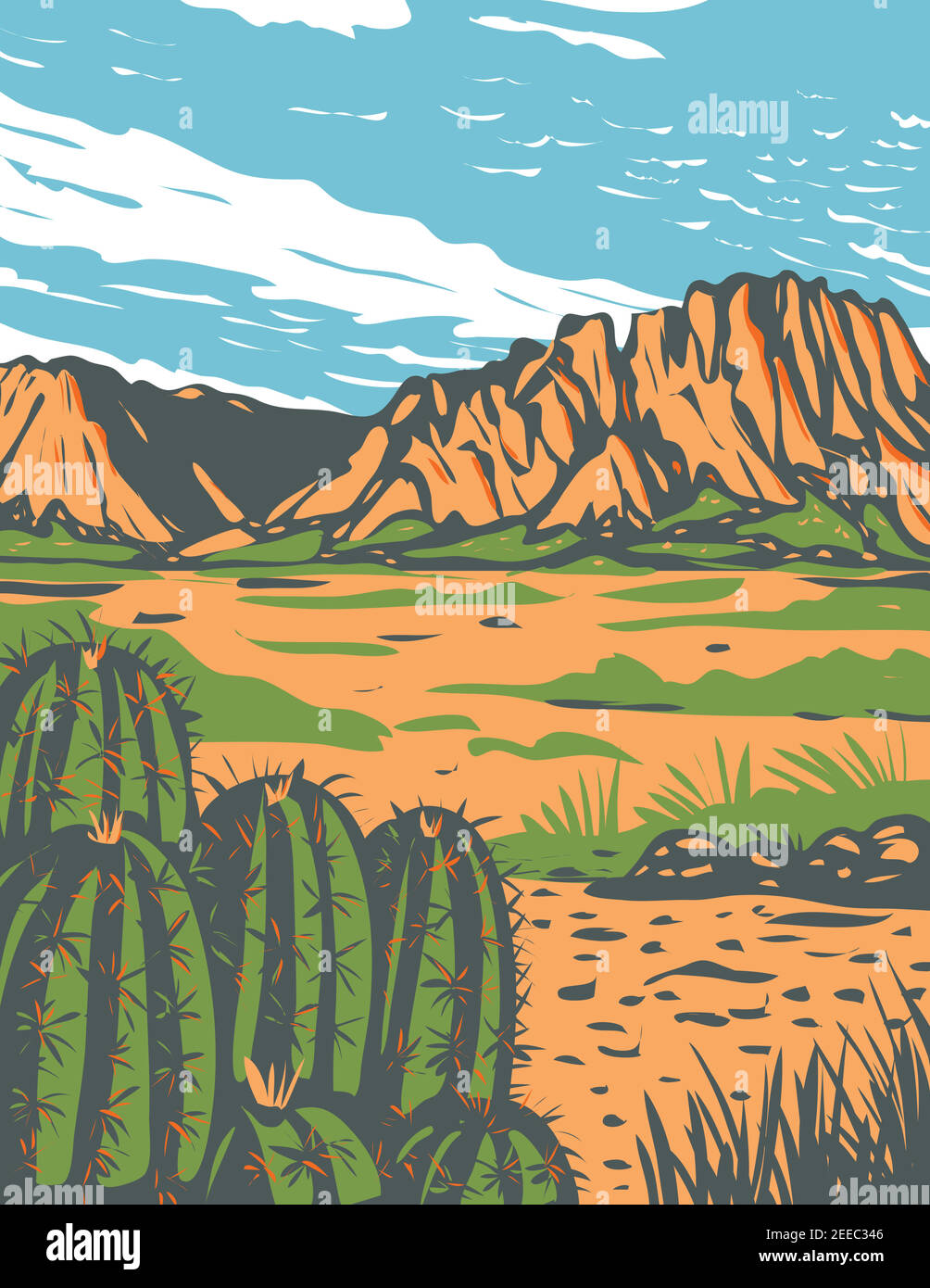 L'art de l'affiche WPA du désert de Chihuahuan, un désert couvrant des parties du parc national de Big Bend au Mexique et au sud-ouest des États-Unis fait dans les travaux proj Illustration de Vecteur