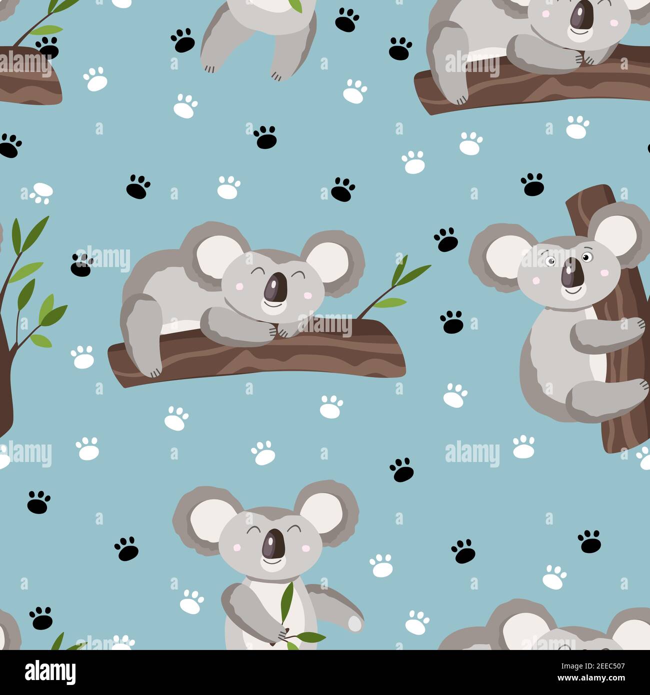 Motif Sans Couture Avec Bebe Koala Mignon Et Empreinte Sur Fond De Couleur Animaux Australiens Amusants Carte Cartes Postales Pour Enfants Illustration Vectorielle Plate Image Vectorielle Stock Alamy