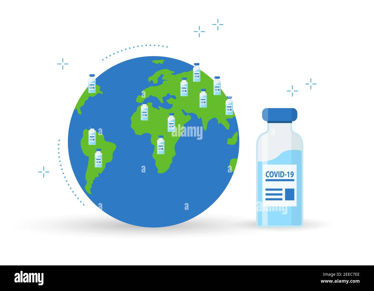 Illustration de la propagation du vaccin contre le coronavirus dans le monde. Une bouteille d'injection et un globe. Distribution du vaccin COVID-19 dans le monde entier. Vecteur en fl Illustration de Vecteur