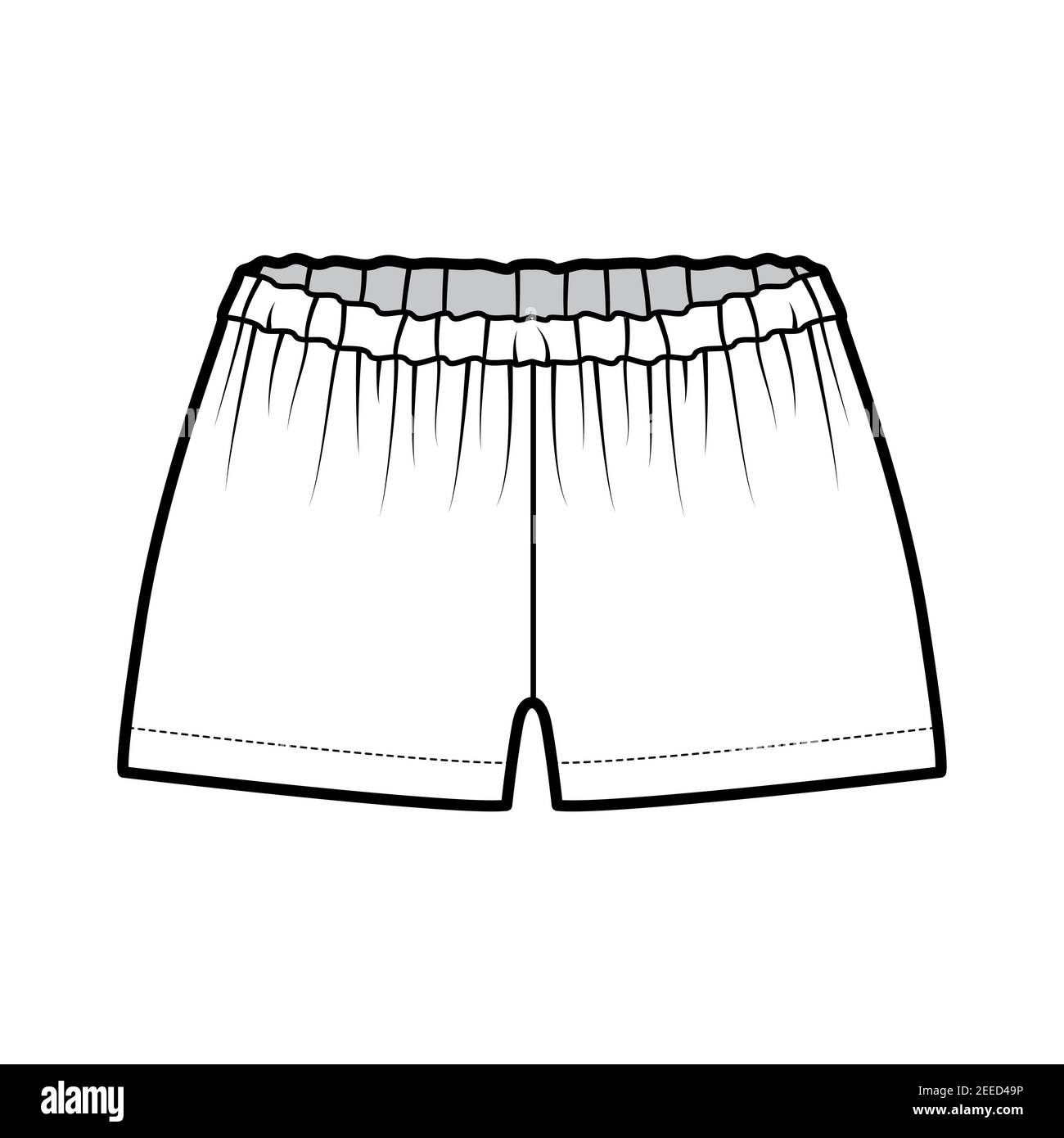 Short Tap pantalon technique mode illustration avec mini-longueur, taille basse, taille, fronces. Modèle de vêtement de nuit sans pinces sur le devant, de couleur blanche. Femmes hommes unisexe CAD maquette Illustration de Vecteur
