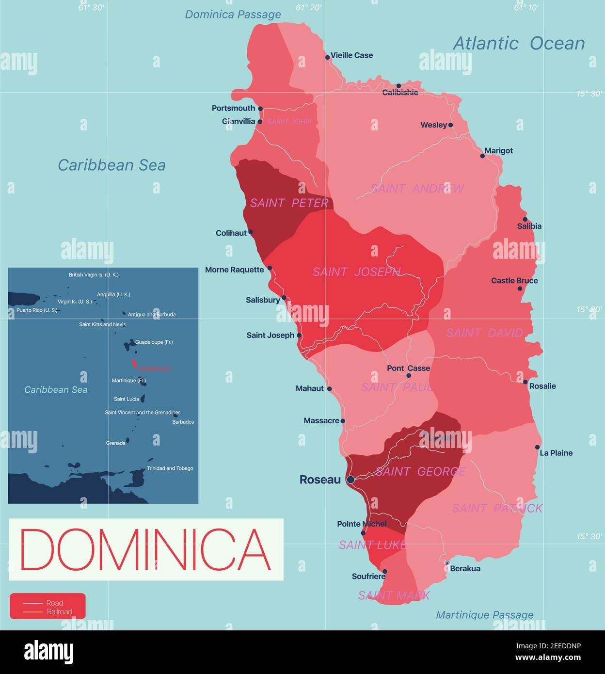 Dominique carte détaillée modifiable avec régions villes, routes et chemins de fer, sites géographiques. Fichier vectoriel EPS-10 Illustration de Vecteur