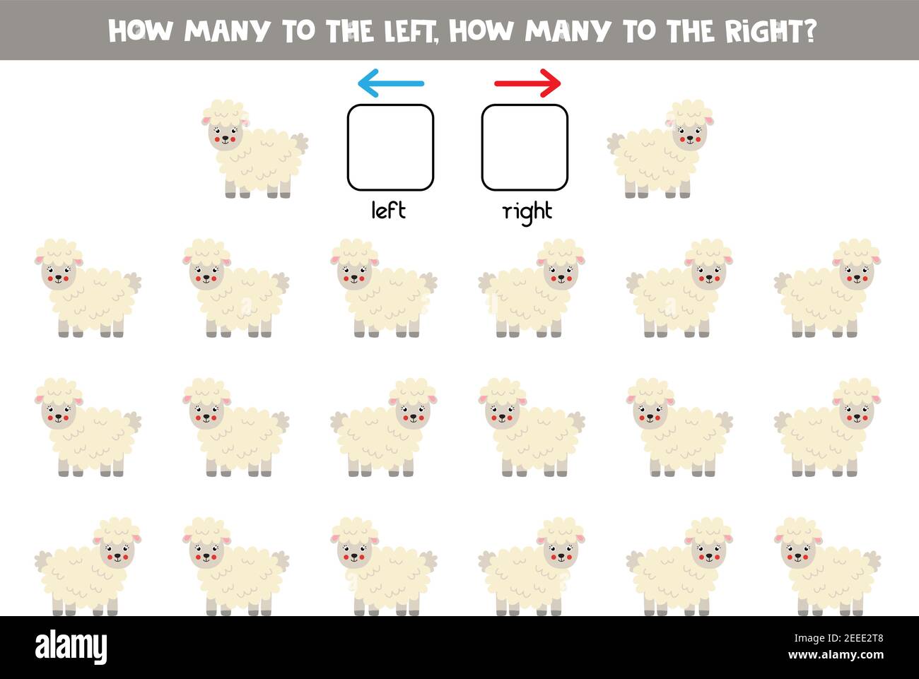 À gauche ou à droite avec de jolis moutons de dessin animé. Jeu éducatif pour apprendre à gauche et à droite. Illustration de Vecteur