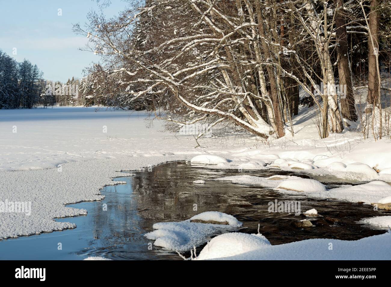 Un paysage avec un lac gelé et des rapides ouverts avec de la neige pierres couvertes Banque D'Images