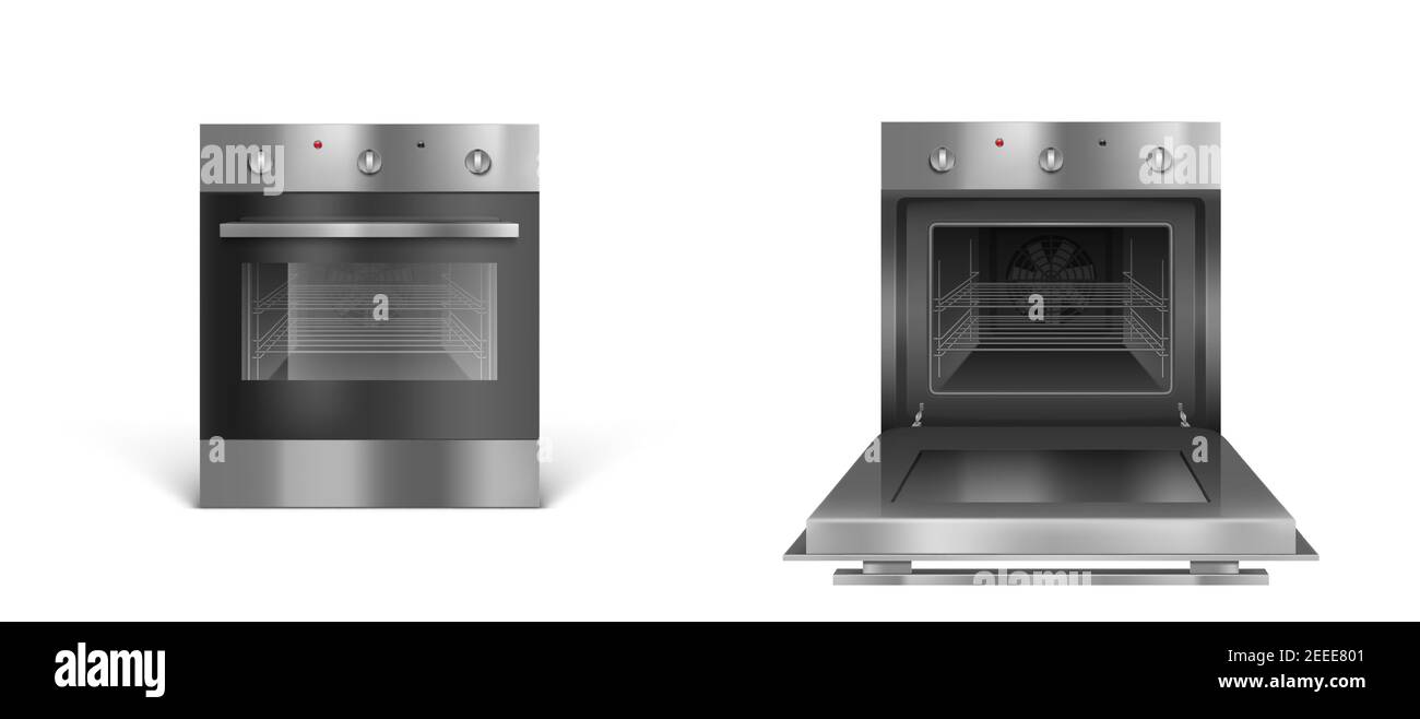 Four, appareils électriques de cuisine, cuisinière ouverte ou fermée de couleur argent vue de face. Techniques domestiques avec interrupteurs. Équipement de technologie domestique isolé sur fond blanc, illustration vectorielle 3d réaliste Illustration de Vecteur