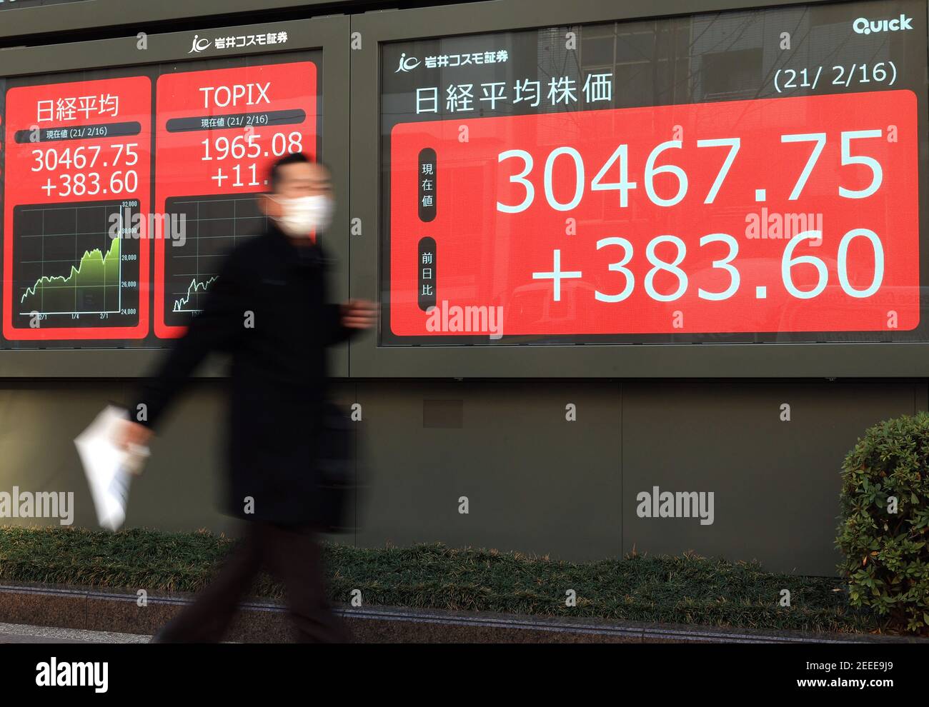 Tokyo, Japon. 16 février 2021. Un piéton passe devant un tableau des prix des actions à Tokyo le mardi 16 février 2021. Le cours des actions japonaises a augmenté de 383.60 yens pour se fermer à 30,467.75 yens à la Bourse de Tokyo. Credit: Yoshio Tsunoda/AFLO/Alay Live News Banque D'Images