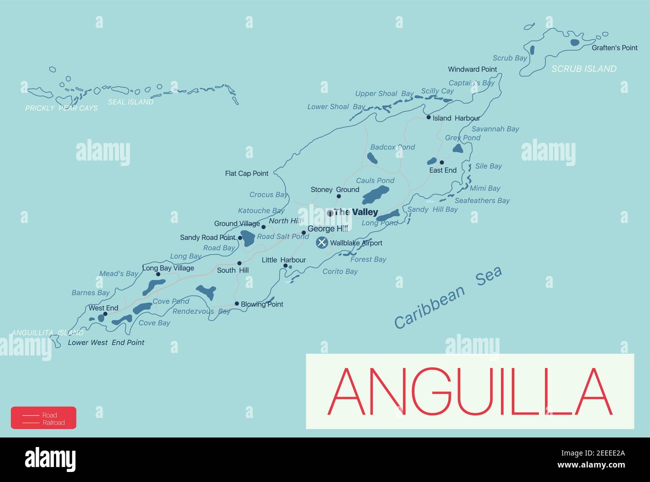 Anguilla carte détaillée modifiable avec régions villes, routes et chemins de fer, sites géographiques. Fichier vectoriel EPS-10 Illustration de Vecteur
