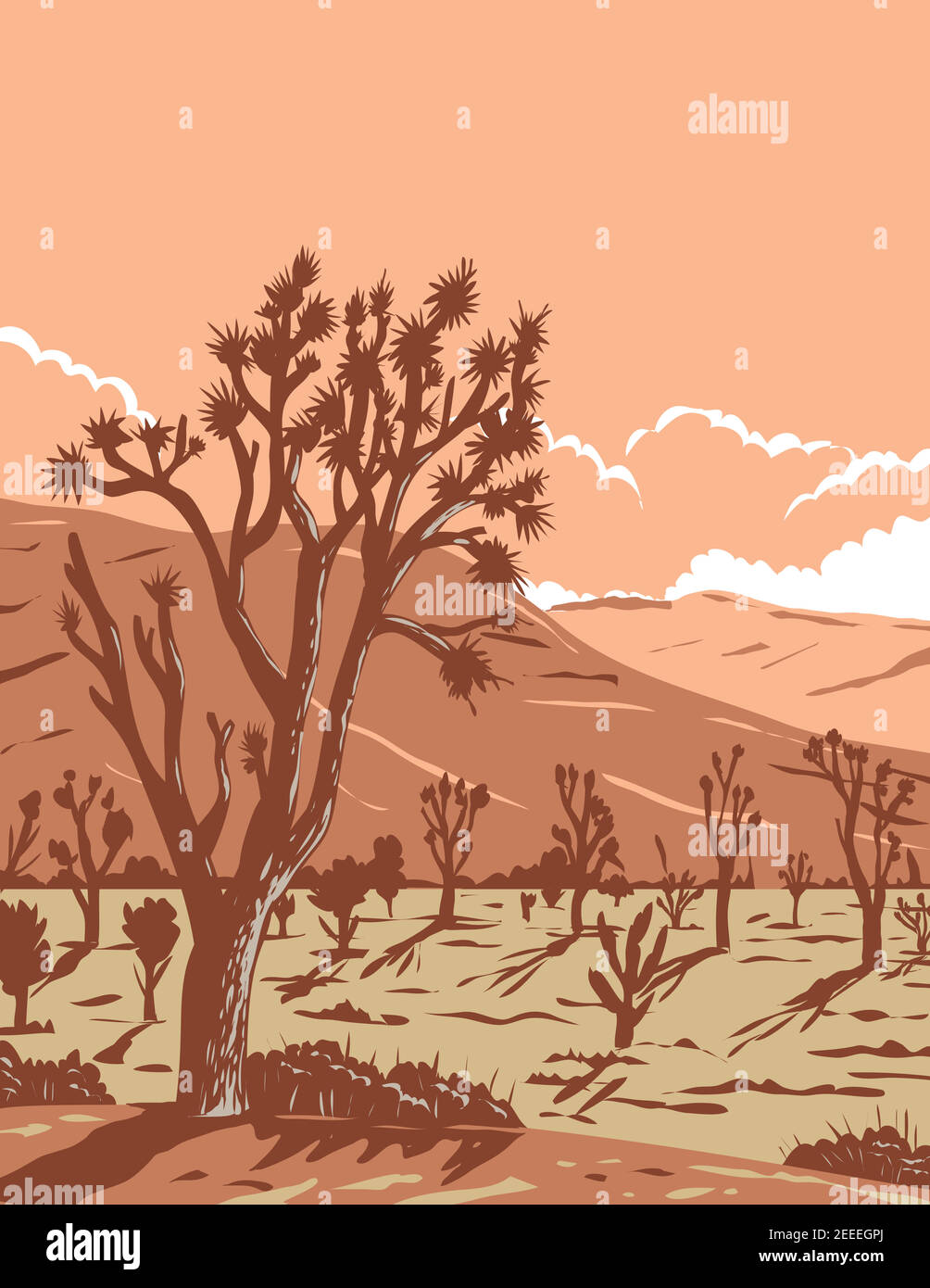 L'art de l'affiche WPA du Joshua Tree dans le désert de Mojave, un désert aride à ombre de pluie dans le sud-est de la Californie et le sud du Nevada en travaux Illustration de Vecteur