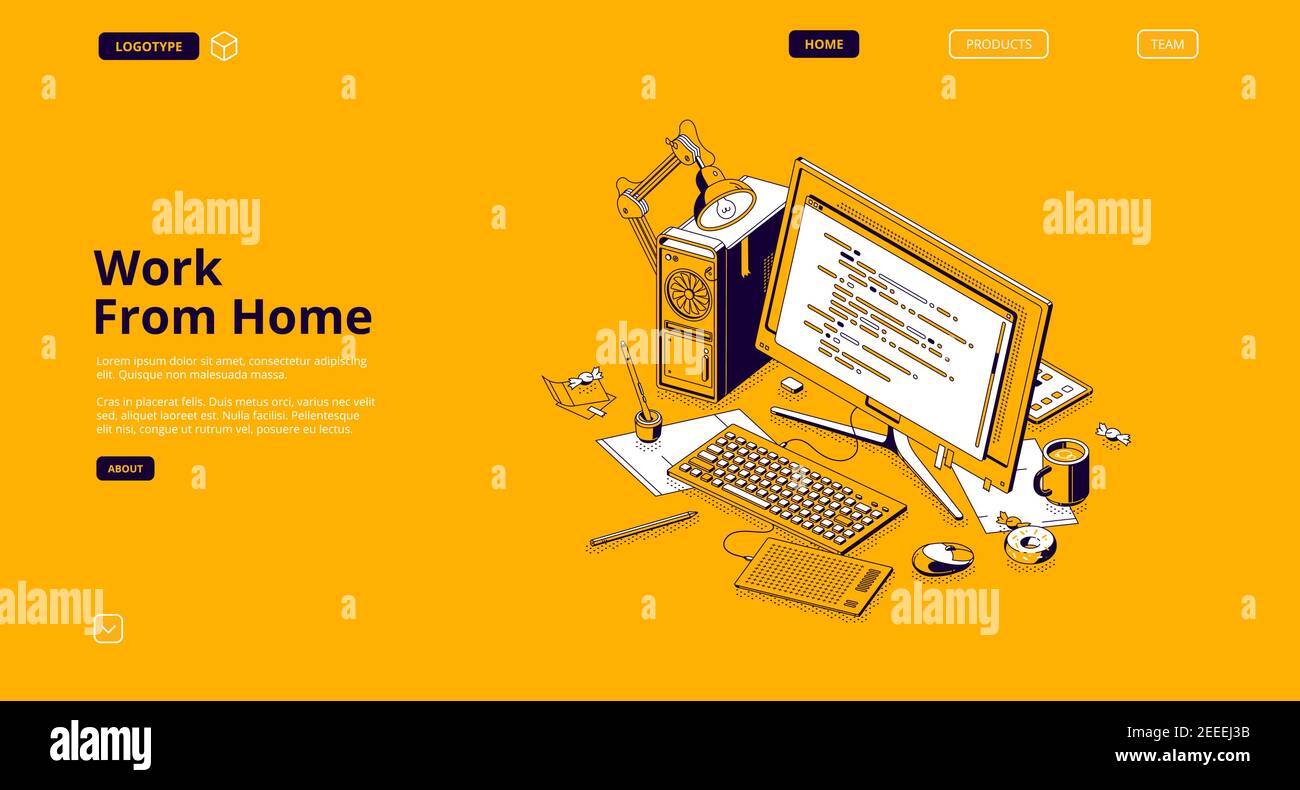 Travail à partir de la page d'accueil isométrique, espace de travail de programmeur, bureau national, table de freelance avec moniteur d'ordinateur avec données de codage, café et papeterie sur bureau, bannière web d'art de ligne 3d vectorielle Illustration de Vecteur