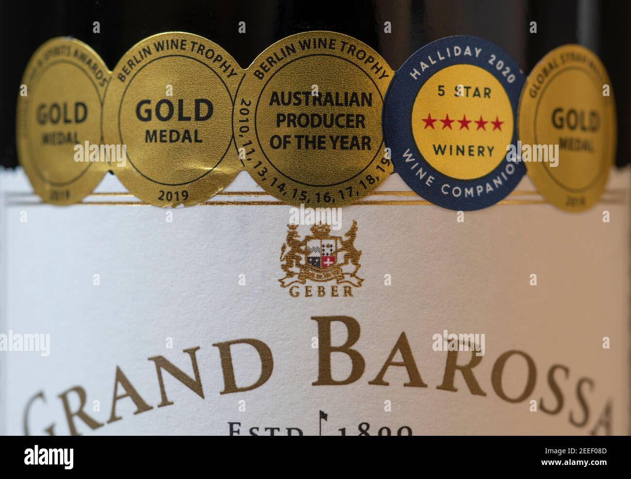 Château Tanunda Shiraz 2018 étiquette de bouteille de vin australienne en gros plan Banque D'Images