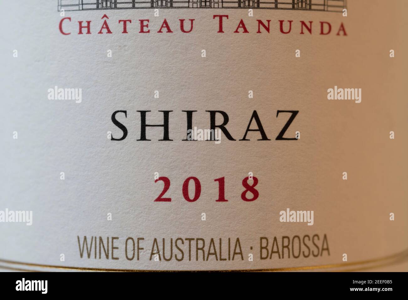 Château Tanunda Shiraz 2018 étiquette de bouteille de vin australienne en gros plan Banque D'Images