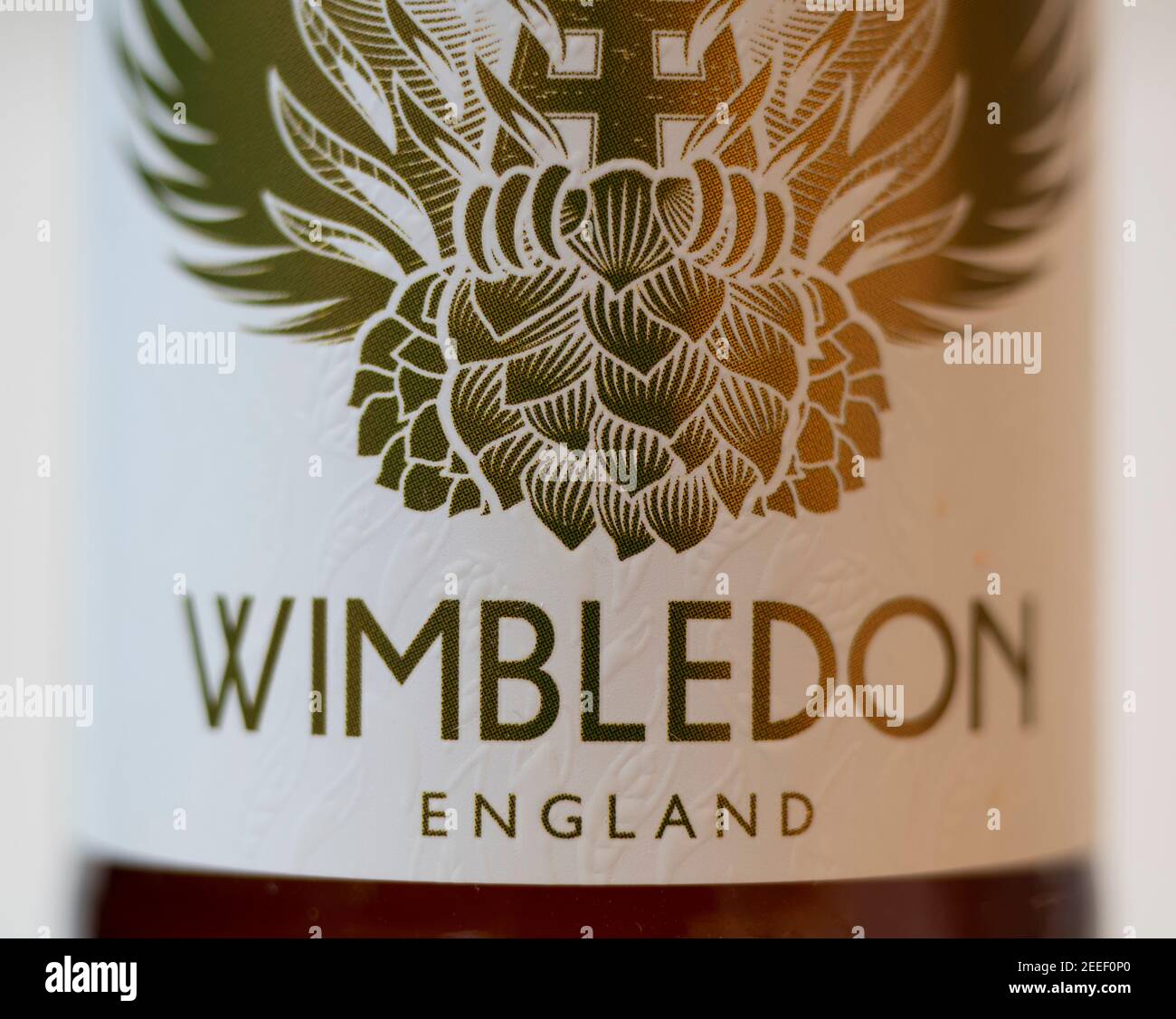 Wimbledon French Craft Lager, étiquette de bouteille de bière en gros plan Banque D'Images