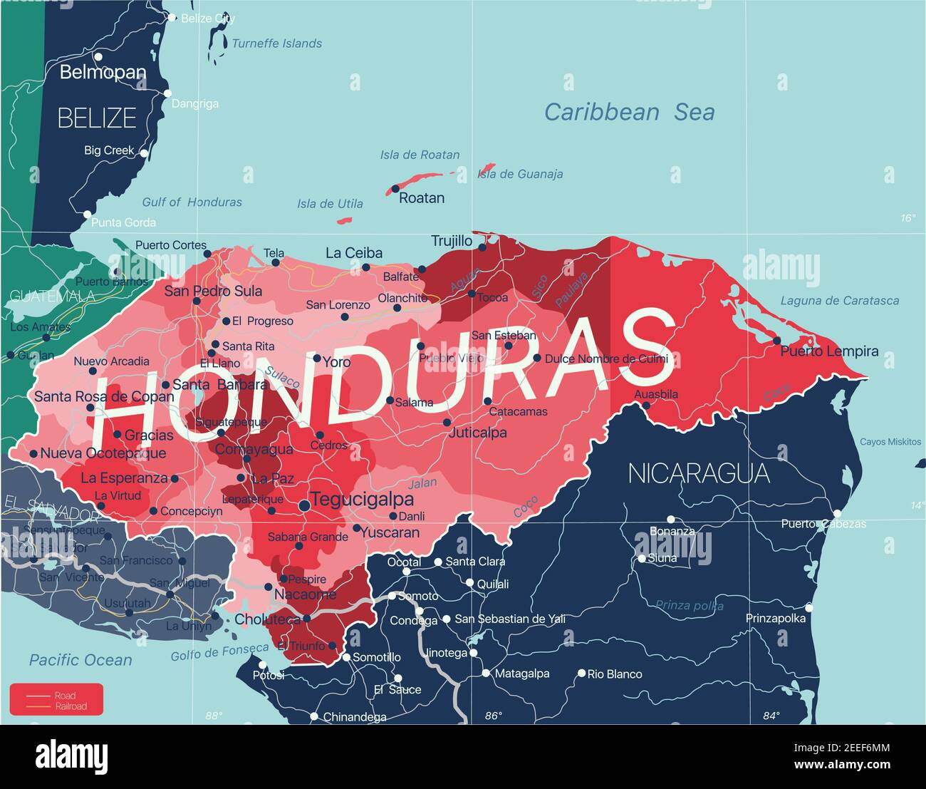 Honduras carte détaillée modifiable avec régions villes, routes et chemins de fer, sites géographiques. Fichier vectoriel EPS-10 Illustration de Vecteur