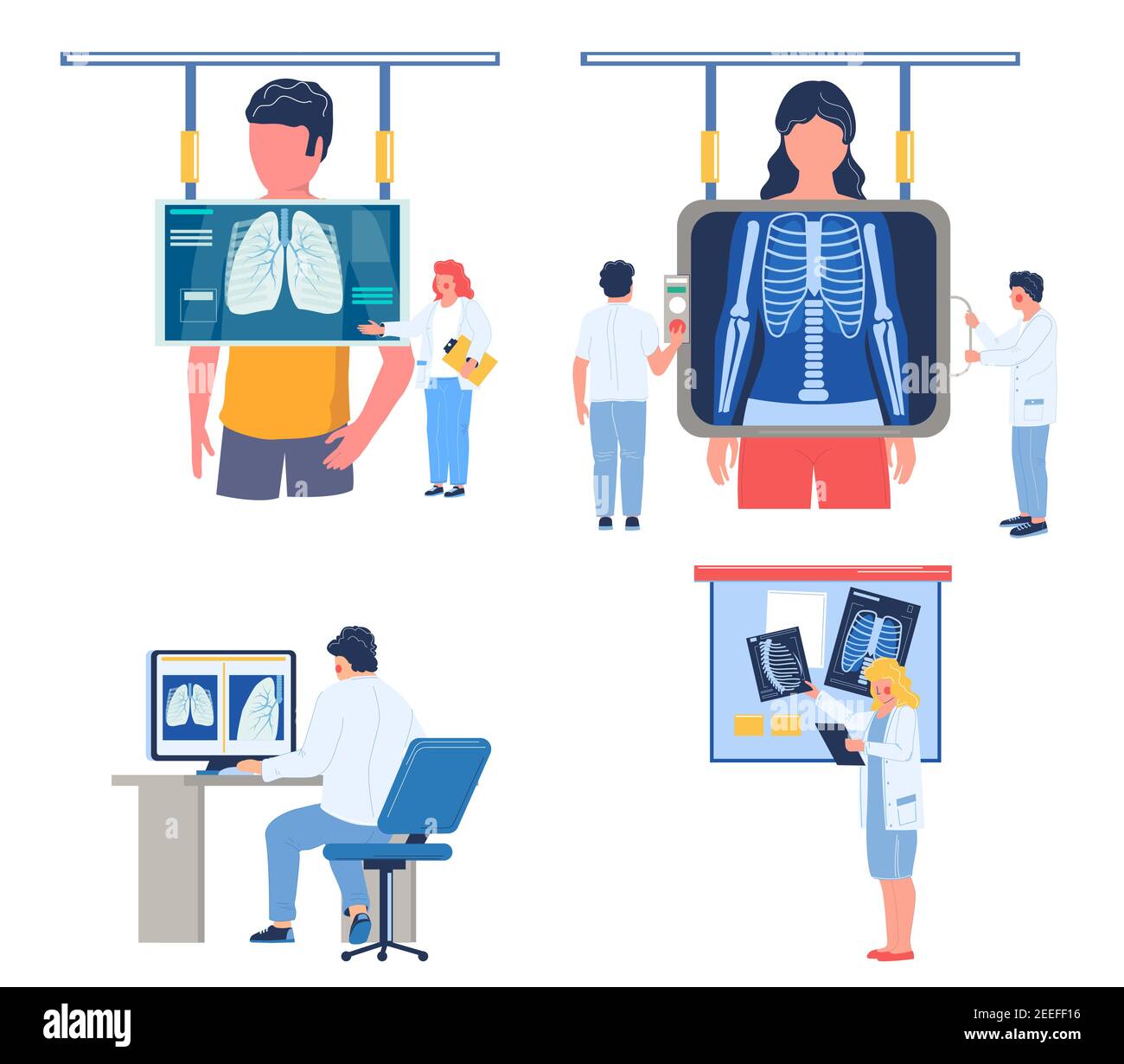 Ensemble de procédures de vérification des poumons de la fluorographie, illustration vectorielle plate. Médecin radiologue effectuant le dépistage par radiographie thoracique. Illustration de Vecteur