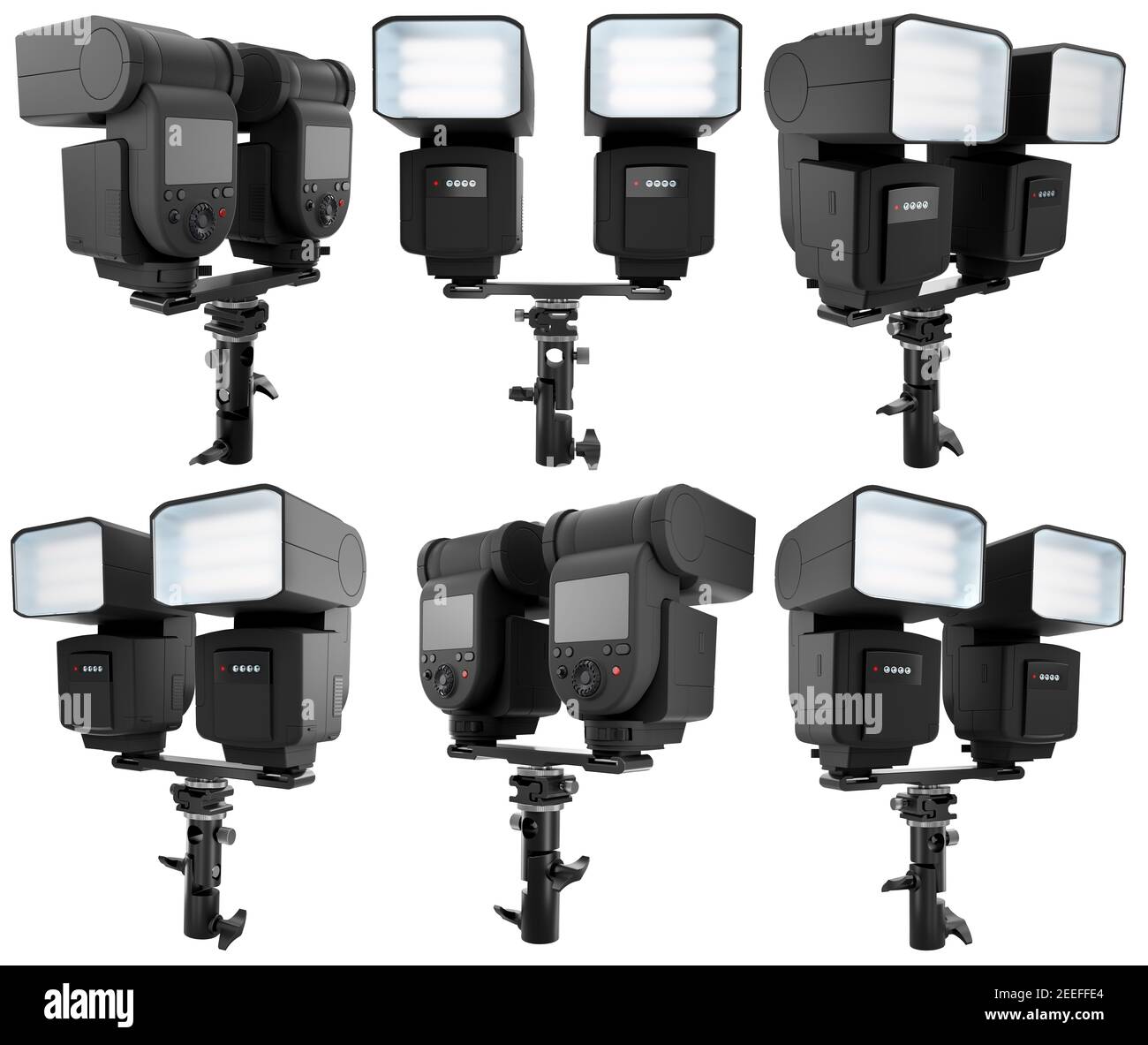 2 le flash Speedlight fait clignoter les pistolets sur le support de trépied isolé sur fond blanc. Banque D'Images