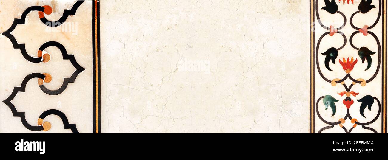 Bannière horizontale ou verticale avec décoration florale en marbre ancien. Mosaïque ancienne sur marbre à Taj Mahal, Inde. Modèle de maquette. Copier l'espace pour le texte Banque D'Images