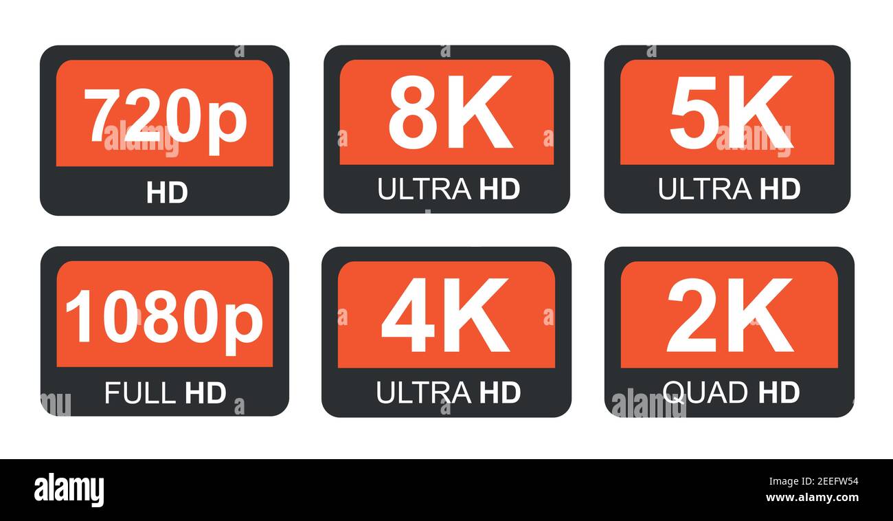 Rouge 8K, 4K, 5k Ultra HD vidéo résolution icône logo téléviseur haute définition écran de jeu Illustration de Vecteur