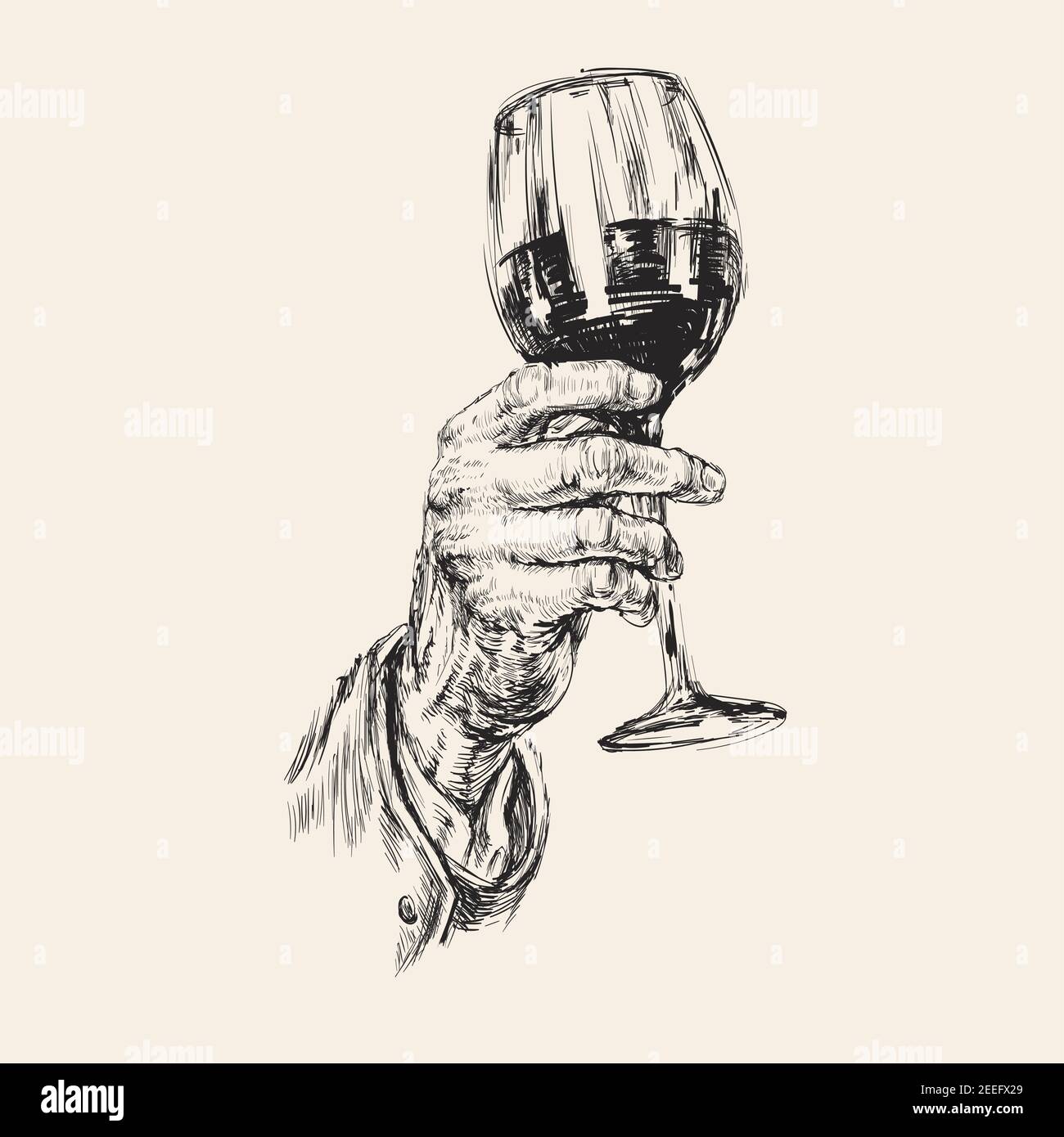 Main tient un verre à vin. Boisson alcoolisée. Illustration du vecteur de dessin à la main. Illustration de Vecteur