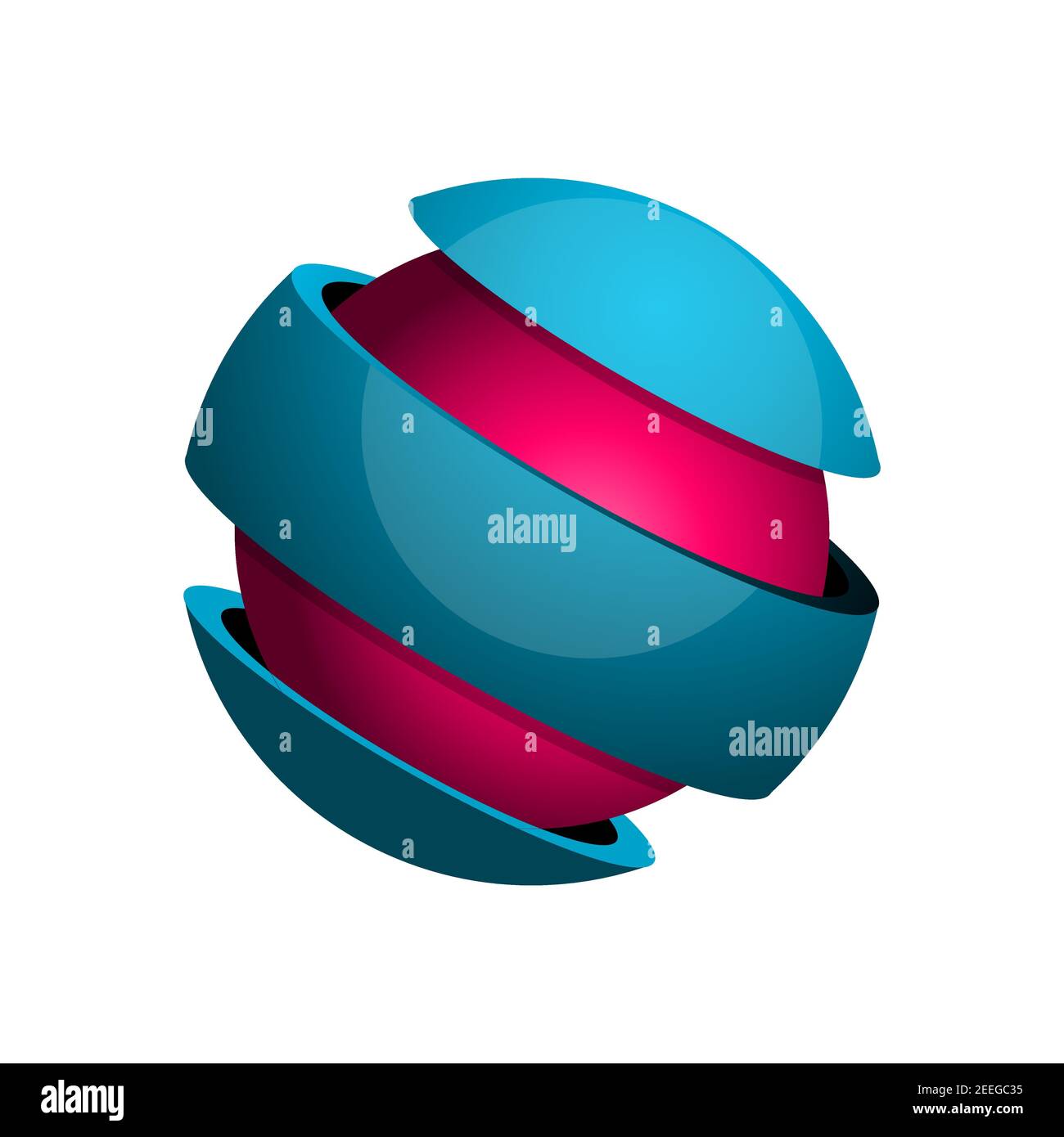 Sphère divisée en 3 coupes avec noyau. Sphère enveloppée. Bille divisée en trois parties. Cercle sphérique 3D. Symbole du globe, de la terre, de la planète. Logo brillant Illustration de Vecteur