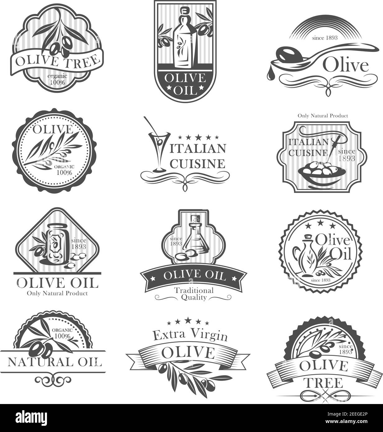 Icônes d'huile d'olive et d'olives pour la cuisine italienne badges restaurant ou étiquettes de produits. Ensemble vectoriel de bouteilles et gouttes d'huile d'olive extra vierge ou bocaux avec Illustration de Vecteur