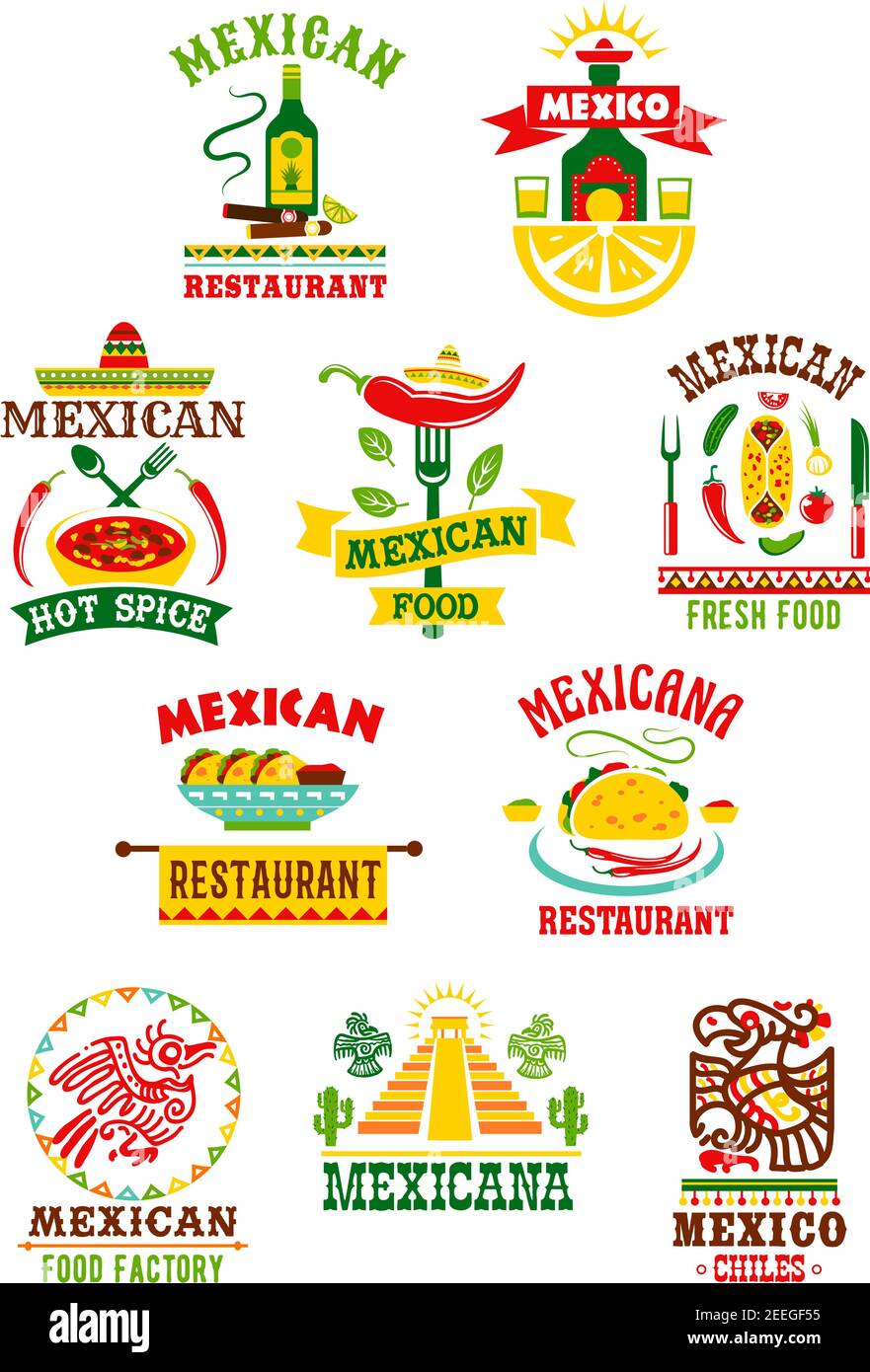 Restaurant mexicain ou bar de restauration rapide icônes ensemble. Vecteur isolé des symboles de sombrero et agave cactus, tequila bouteille et burrito ou nachos dans salsa sau Illustration de Vecteur