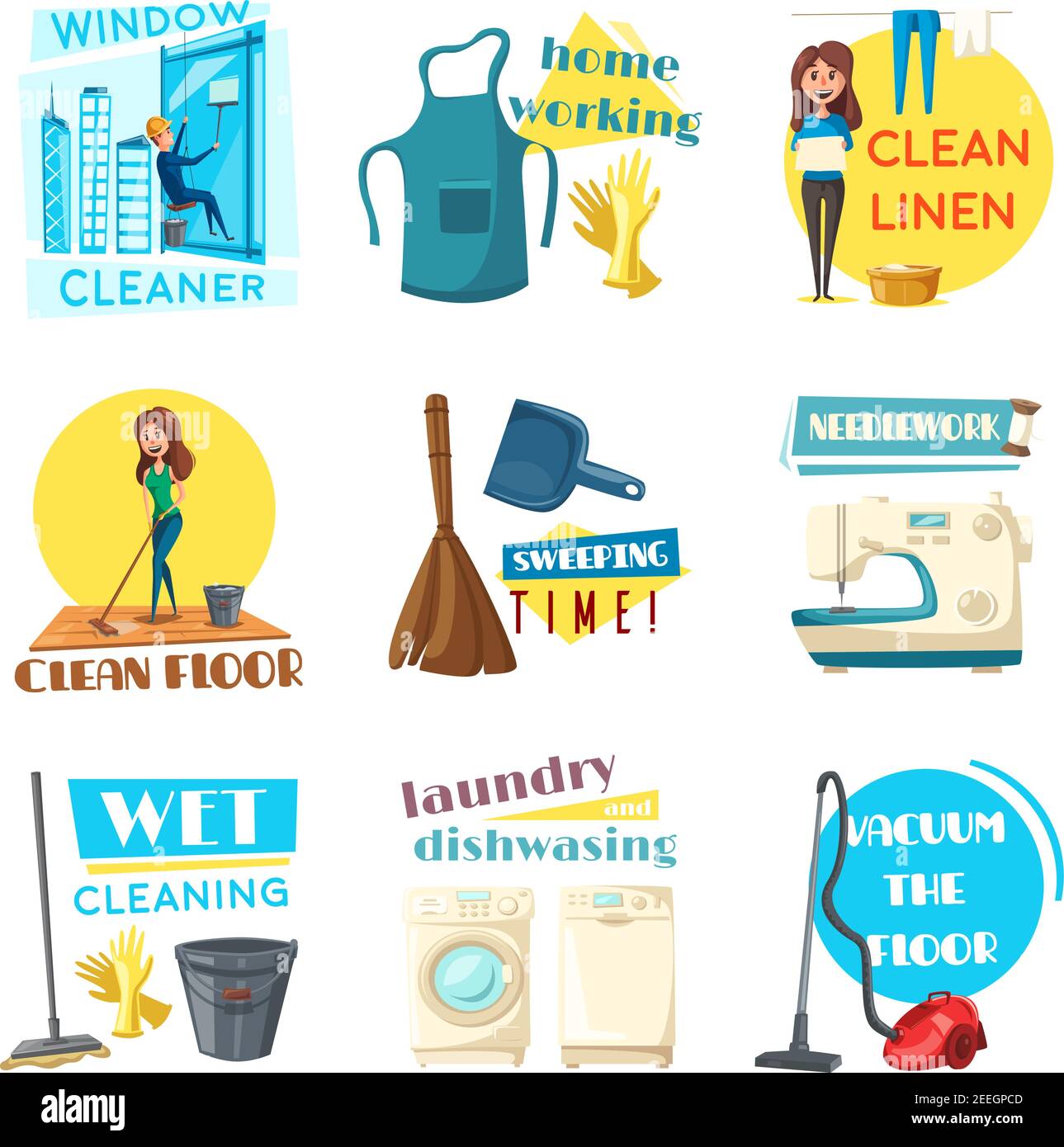 Ensemble d'icônes à motif plat pour le nettoyage et les devoirs à la maison. Femme lavant la vaisselle à l'évier de cuisine, salle de nettoyage avec balai et aspirateur ou couture ne Illustration de Vecteur