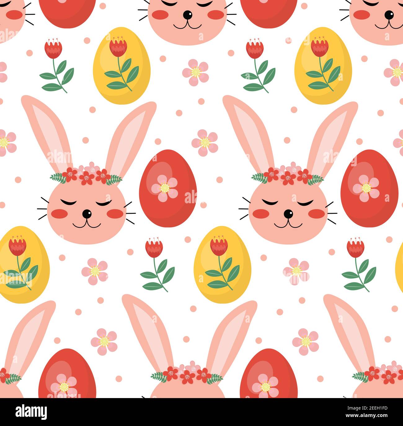 Motif de printemps sans couture vectoriel avec lapins et plantes. Motif Pâques. Lapins de dessins animés Illustration de Vecteur