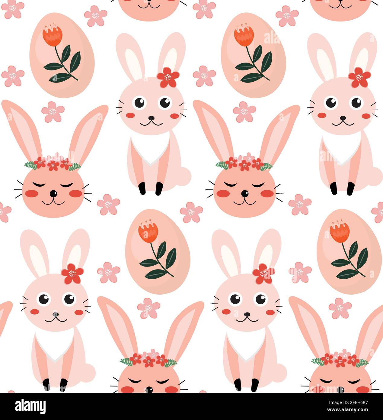 Motif de printemps sans couture vectoriel avec lapins et plantes. Motif Pâques. Lapins de dessins animés Illustration de Vecteur