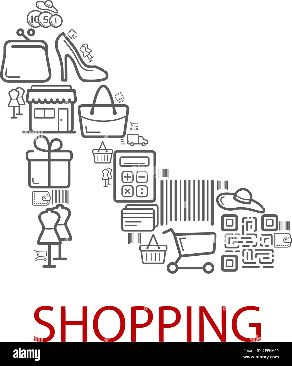 Affiche d'achat de la chaussure femme à talon haut combiné de vente au  détail et de vente de vecteur ou d'achat de boutique icônes de mannequin  robe, panier ou sac et de