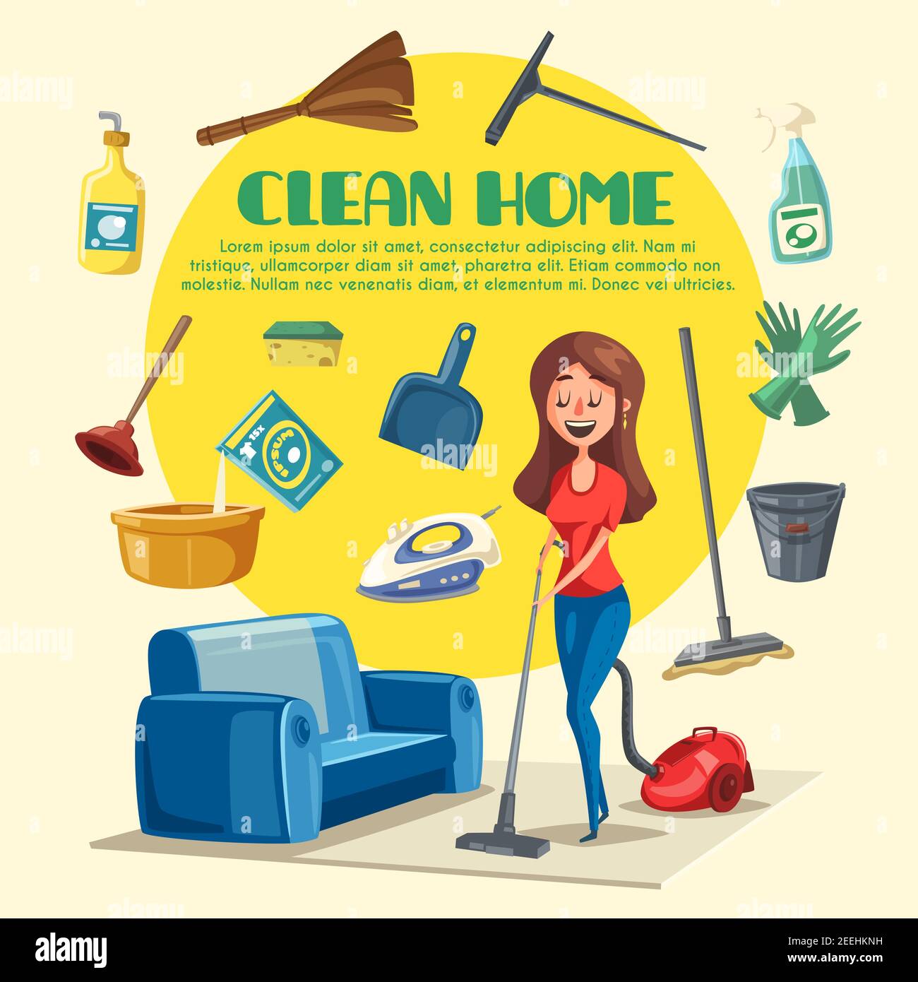 Affiche de nettoyage à la maison avec la salle propre et les appareils de  lavage ou les produits chimiques. Une femme Vector nettoie un sol plat avec  un aspirateur, un seau d'eau