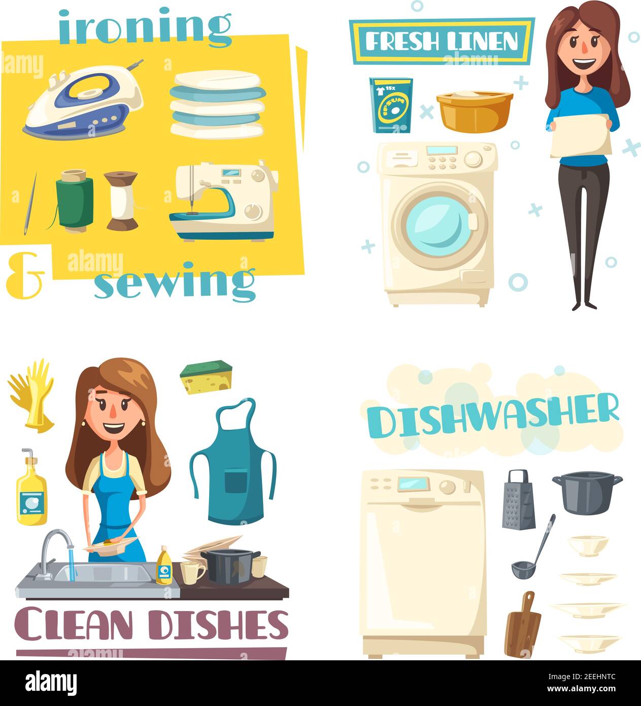 Nettoyage à la maison, lavage de vaisselle et couture ou repassage. Femme  vecteur en tablier avec linge ou linge frais, laver les assiettes de  vaisselle dans l'évier de cuisine, fer à repasser